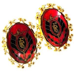 Vintage Swank Cufflinks Statement Ovals gold red & black 3rd French Coat of Arms